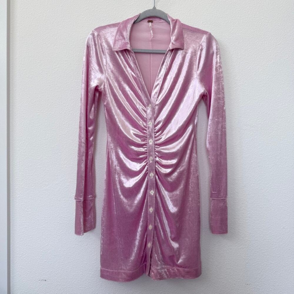 FREE PEOPLE Velvet Ruched Mini Dress Pink‎ Collared Long Sleeve Bodycon XS Y2K